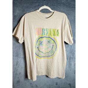 Nirvana Smiley Face Graphic Band Tee Beige Grunge T Shirt large